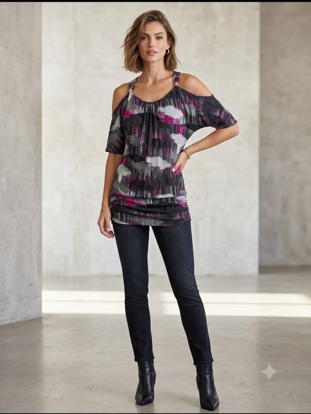 Express Women’s Cold-Shoulder Printed Top in Black, Pink & Gray